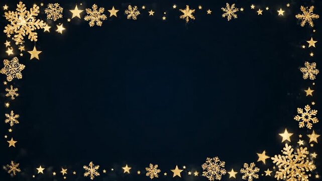 Golden stars and snowflakes frame with copy space on dark blue background