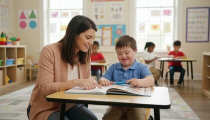Female teacher reading with young caucasian boy in primary classroom. World Down Syndrome Day