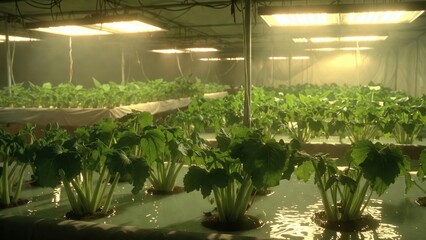 Indoor hydroponic farm with lush green vegetables under led grow lights