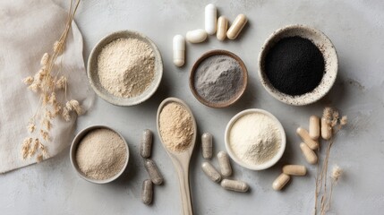 Assorted dietary supplements and powders on neutral background