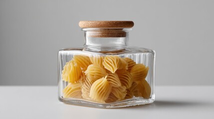 Jar of uncooked radiatori pasta in airtight glass container with cork lid