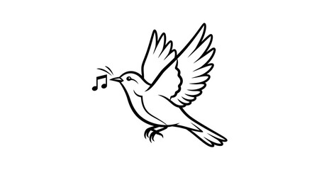 Fototapeta premium Singing Bird Flying with Music Notes, Black and White Line Art