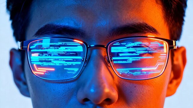 Closeup of a person wearing glasses with glowing circuit patterns