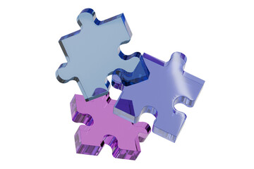 3d jigsaw puzzle pieces icon. collaboration concept. minimal cartoon glassy holographic ui element for web design. isolated on white transparent background. 3d render.