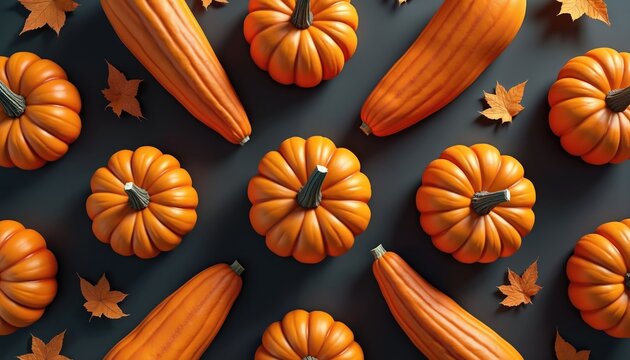 Orange pumpkins and gourds arranged on dark background with fall leaves. Ready for harvest celebration decoration. Festive autumn display suitable for Halloween or Thanksgiving themes.
