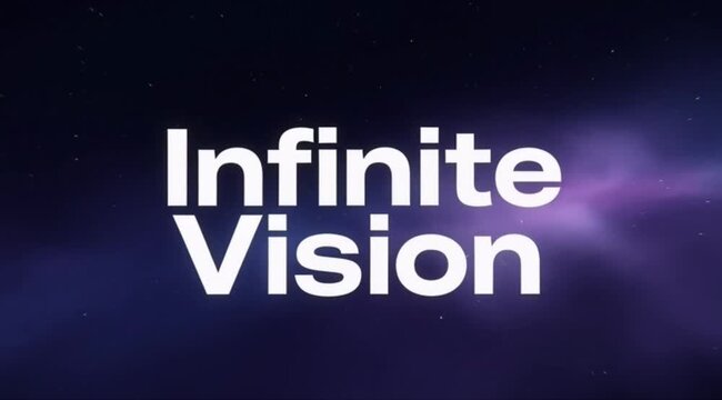 Infinite Vision text on dark cosmic background with stars and purple nebula