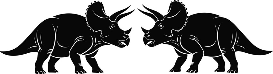 Black silhouette illustration of two Triceratops dinosaurs facing each other with horns and frill design prehistoric animal artwork confrontation scene © Hey There