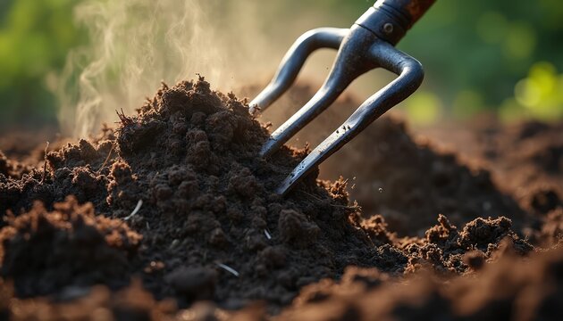 Pitchfork turns steaming compost pile. Rich organic fertilizer created. Soil mixing for gardening and agriculture. Healthy earth and plant growth.