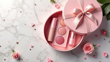 Obraz premium Pink makeup gift box contains lipstick and lip gloss palette with blush. Beauty cosmetic collection with satin ribbon and rose flowers. Feminine pamper present for girl.