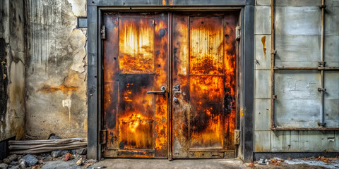 Rusty doors are closed and weathered in an abandoned building. The walls show signs of age with peeling paint and patches of rust under soft evening light