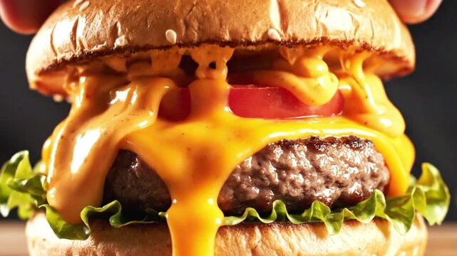 Delicious close-up of a cheeseburger with melted cheese dripping over the juicy patty.
