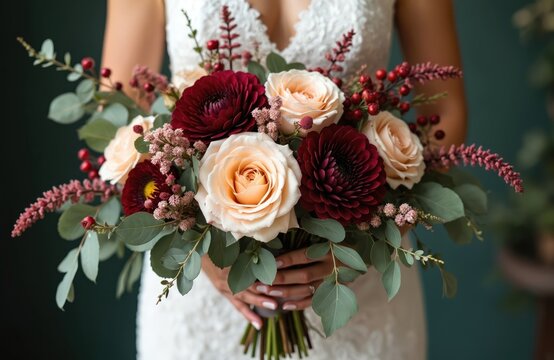Bride holds elegant peach rose, burgundy dahlia bouquet with red berries, eucalyptus. Floral arrangement features lush green plants for wedding ceremony. Romantic celebration details. Love blooms.