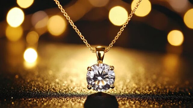 Elegant gold chain necklace with a sparkling diamond pendant against blurred bokeh lights