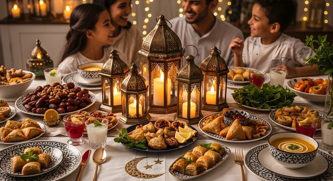 Photography of Muslim food dishes during Ramadan, decorated with lanterns and neatly arranged on a table. Very suitable for advertising backgrounds or banners.