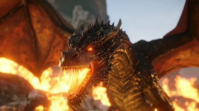 Fierce dragon with glowing eyes breathing fire amidst flames and rocky terrain