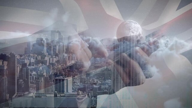 Cityscape opening, translucent hands cupping moon while clouds drifting and streaks creating mood
