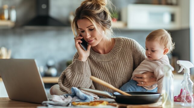 Mother juggling work and childcare duties, holding baby while talking on phone and looking at laptop