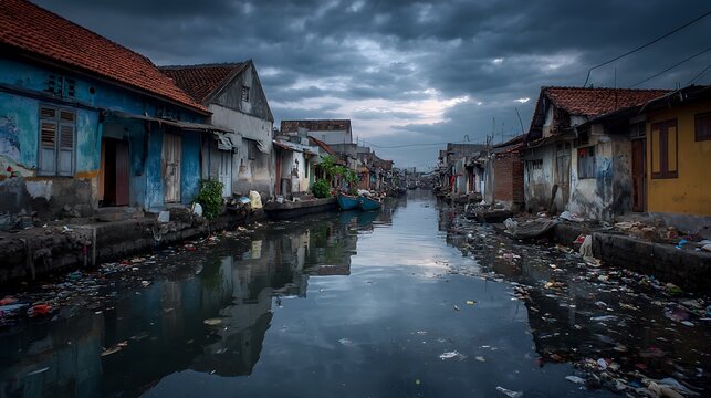 Narrow polluted waterway flows between dense slum housing under dark.