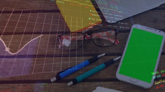 Charts fading in gridlines sweeping chart oscillating percents sliding over glasses showing metrics