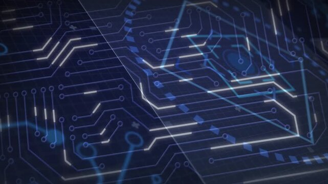 Animated circuit network receiving input pulse and lighting traces, pulsing to visualize data flow