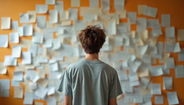 Person faces wall covered in papers and notes. Represents overwhelm, decision paralysis, creative block, or organizing thoughts and ideas. Shows mental challenge and need for clarity.