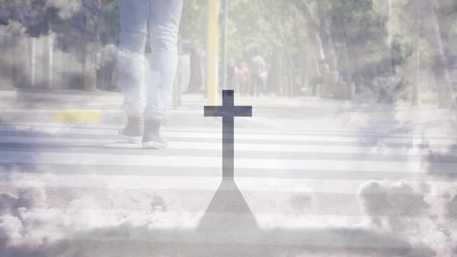 Man stepping onto zebra crossing, crossing street, cross staying fixed, clouds filtering for design