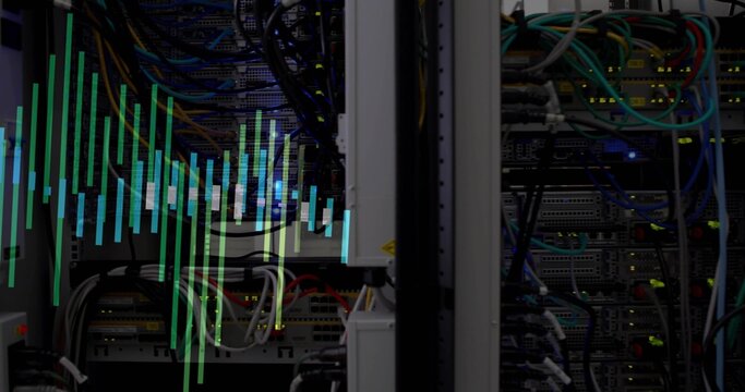 Showing server rack with switches and colored Ethernet cables in data center aisle, glowing LEDs