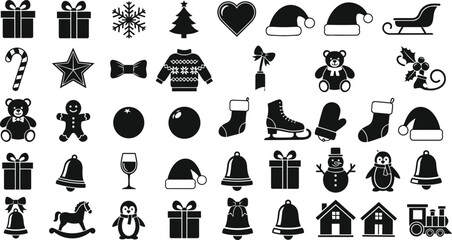 Black silhouette vector set of Christmas holiday icons including Santa hats gift boxes snowflakes bells snowman reindeer and festive winter decorations on white background. © Itz  Parvin