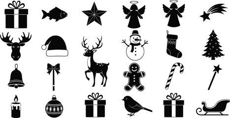 Christmas silhouette collection featuring Santa Claus snowman reindeer gingerbread man holiday gift box candy cane winter tree and festive decorative elements for seasonal design © Itz  Parvin