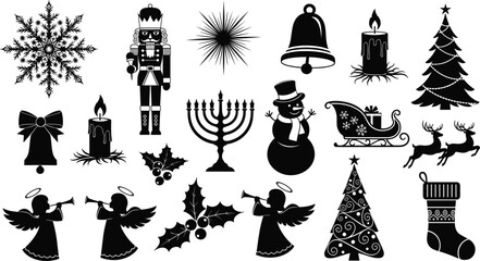 Christmas holiday silhouette collection featuring Santa Claus snowman reindeer nutcracker bells winter trees candles and festive decorative elements isolated on white background for seasonal design © Itz  Parvin