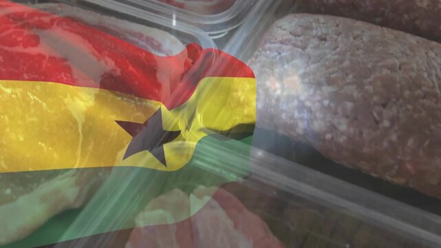 Flag overlay rippling, meat trays shifting, revealing cuts while light flares showcasing origin