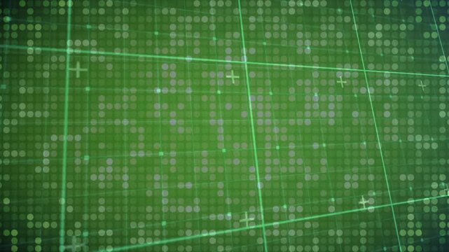 Animated green digital grid shifting and pulsing after initial dot fill, showing new guide layout