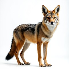 Fototapeta premium Coyote stands on white background. Wild canid with pointed ears and bushy tail. This North American mammal is a skilled hunter and scavenger, known for its adaptability in various environments.