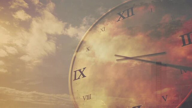 Sun drifting starting hands rotating clockwise over Roman dial, showing time passing and skyline
