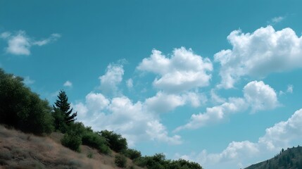A vast blue sky with fluffy white clouds above a green and dry hilly landscape with trees