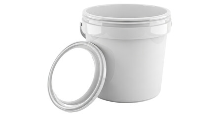 White Plastic Bucket with Open Lid on White Background