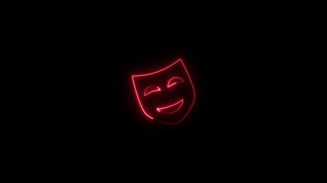 Red neon comedy mask on black background theater drama symbol 4k animation video on Black Background