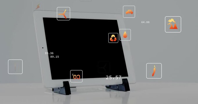 Tablet starting from orange icon, showing logo, spilling icons, updating energy numbers