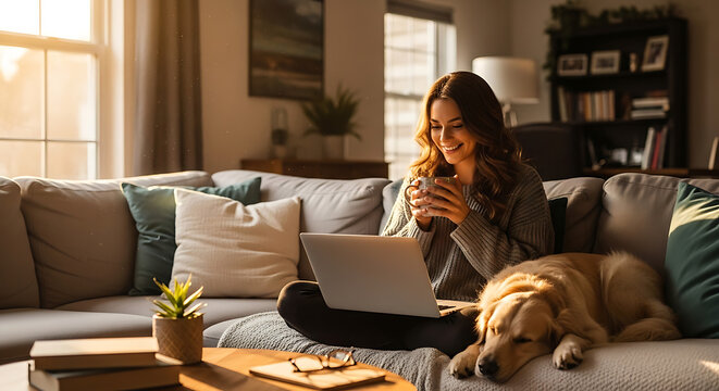Cheerful young female professional working remotely on a laptop while sitting on a cozy sofa, enjoying coffee from a mug with her loyal pet dog relaxing peacefully by her side at home.