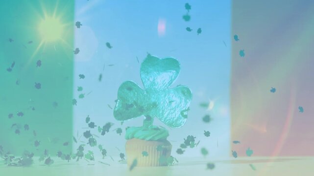 Lens flare pulsing, causing confetti falling over clover cupcake, settling, creating pastel glow