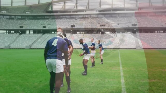 Rugby players walking onto pitch, raising throw ball, lifting jumper to catch with tricolor overlay