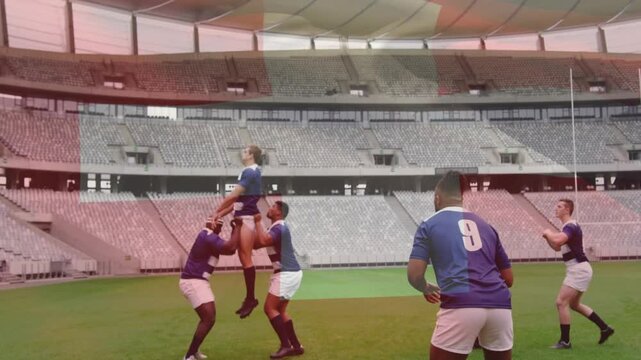 Thrower releasing rugby ball, lifters lifting jumper, jumper securing ball, 9 moving, distributing