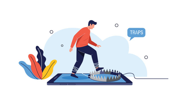 Man using a large smartphone as a path but walking directly into a metal bear trap representing the dangers and traps of excessive digital usage.