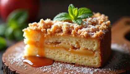 Naklejka premium Close-up of apple crumble cake slice. Fluffy cake layered with sweet apple filling and topped with streusel. Fresh mint garnish and caramel drizzle add appeal. Perfect dessert for autumn or any time.
