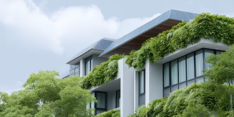 a modern apartment building adorned with greenery, featuring solar panels on the roof and large windows