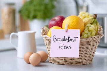 the text breakfast ideas written on a sticky note, a fruit basket in the kitchen.