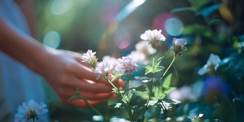 the girl picking flowers in her garden with lens flare, rainbow light leaks