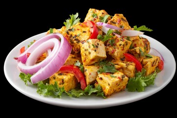 a plate of fresh indian chicken shish kebab, with pieces cut into small cubes and adorned with bright spices on top. the dish is placed against a plain black background.