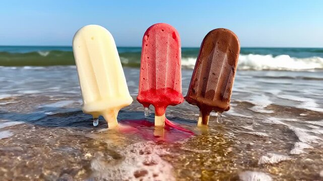 Bright popsicles melting on sandy beach. Colorful ice treats create joyful summer atmosphere. Fun vacation moment captured with ocean waves in background.