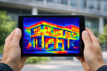 Thermal Imaging View of Modern House on Tablet Screen